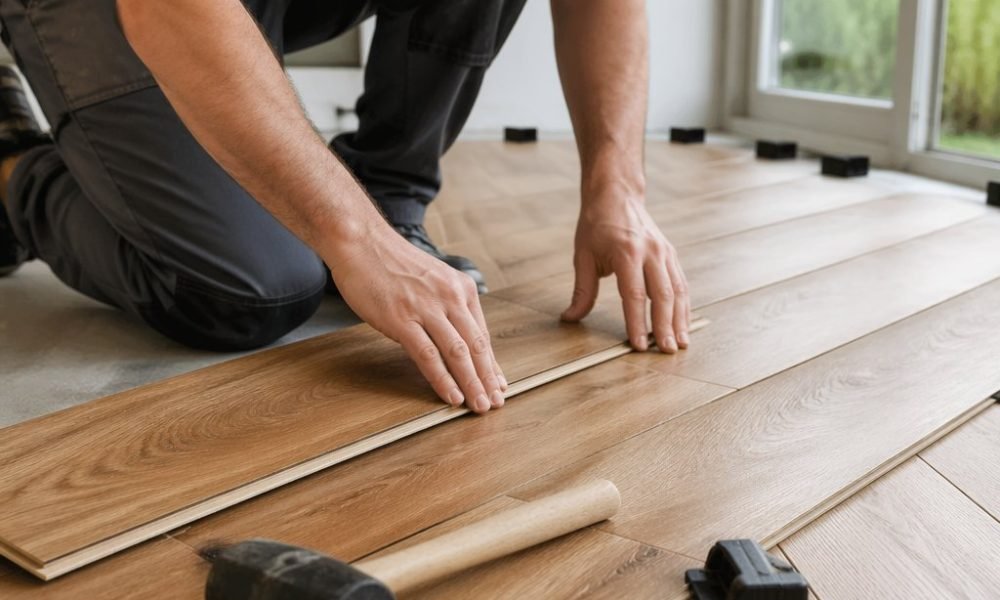 Laminate flooring installer Surrey fitting wooden floor planks during installation process