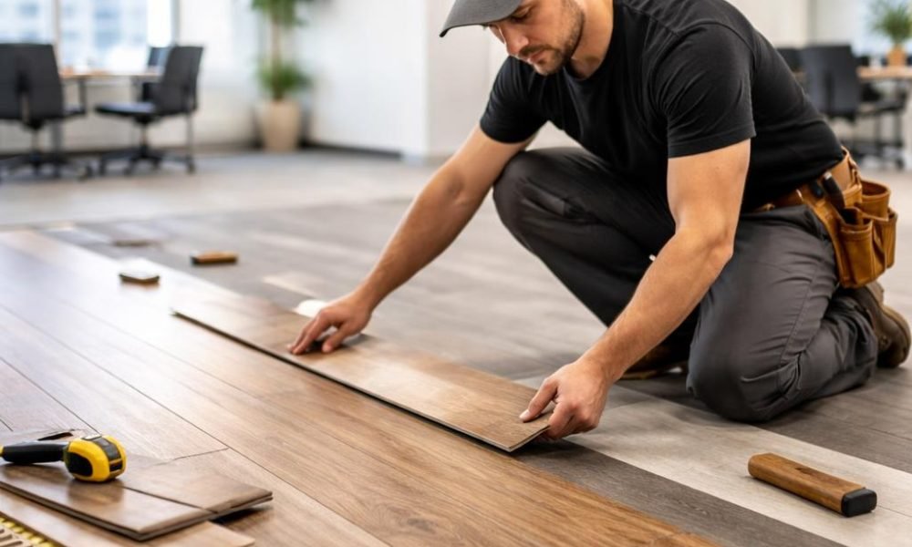 Professional vinyl plank flooring installer working in a commercial space in Langley