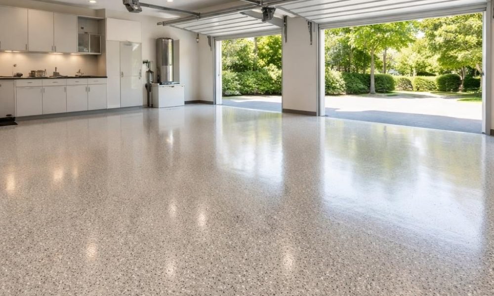 A professional contractor applying polyaspartic floor coating on a concrete surface in Surrey, using tools and protective gear, close-up action shot, realistic and detailed”